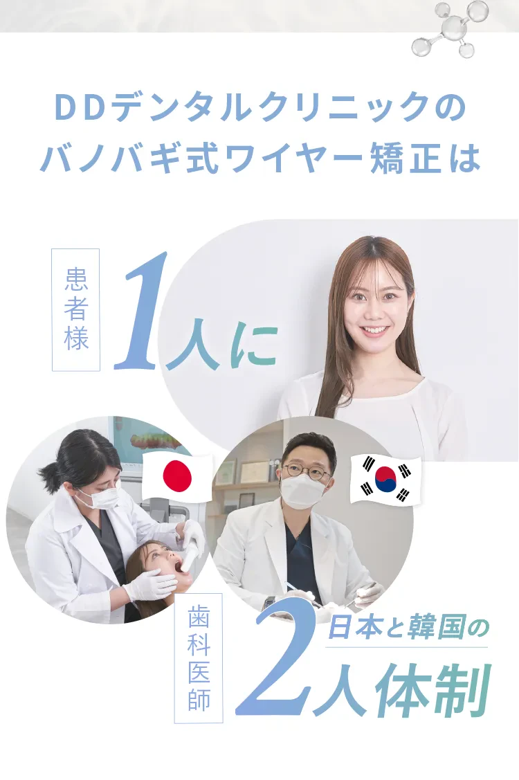 DDデンタルクリニックのバノバギ式ワイヤー矯正は、患者様1人に日本と韓国の歯科医師2人体制